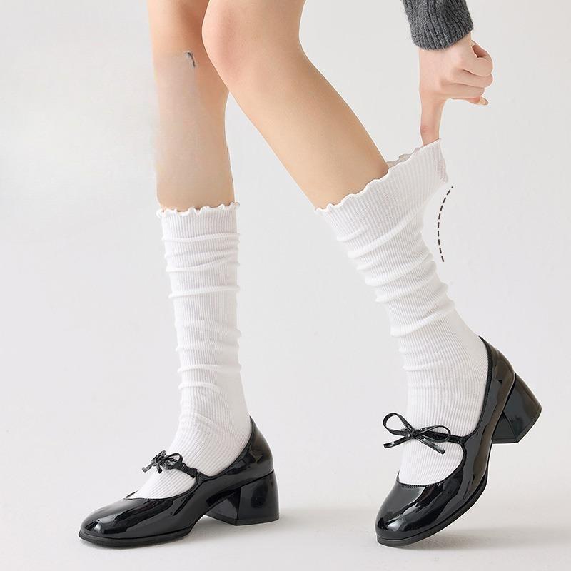 Dui Dui Socks, Double-needle Calf Socks, Women's Autumn and Winter Black Ear-trimmed Cotton Socks, Long Stockings, Boots, Lace Socks
