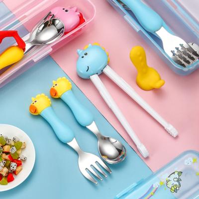 Portable Dinosaur Baby Children's Tableware Cartoon 304 Stainless Steel Spoon Fork Learning Training Chopsticks Fork Spoon Set