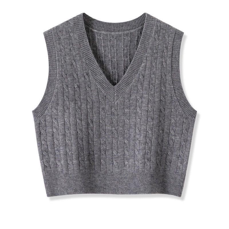Women's Korean Style V-Neck Cable Knit Sleeveless Sweater Vest for Autumn/Spring