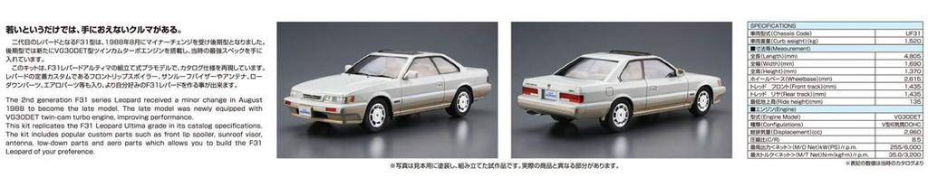 Aoshima Bunka Kyozai Scale Model Car Series 111 Nissan UF31 Leopard Altima V30 Twin Cam Turbo 1990 Plastic Model 1/24 No.
