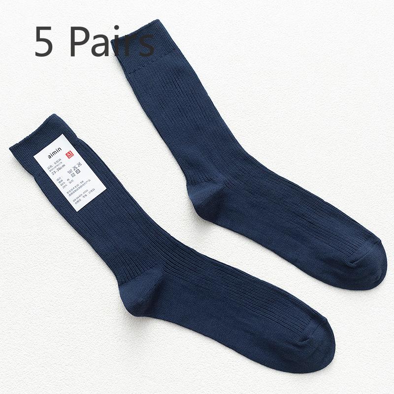 5 Pairs of Men's Retro Sweat-absorbing Vertical Striped Plain Color Cotton Mid Calf Socks