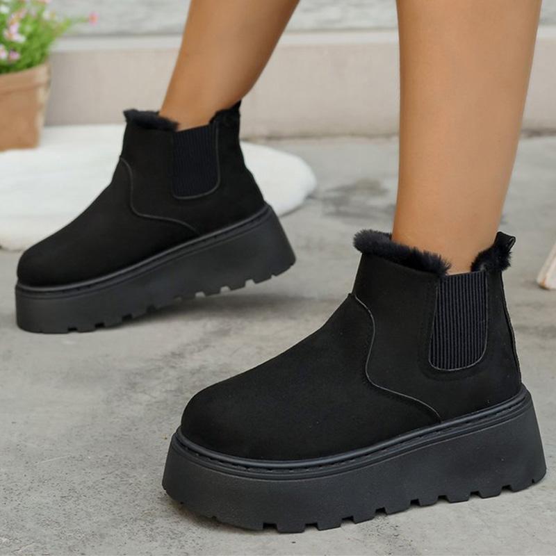 Fashion British Style Solid Color Platform Snow Boots Women Winter Soft Short Plush Warm Ankle Boots Woman Faux Suede Booties Female