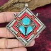 Blue Turquoise & Coral Pendant, 925 Solid Sterling Silver Gemstone Jewelry, Handmade Nepali Pendant, For Thanksgiving