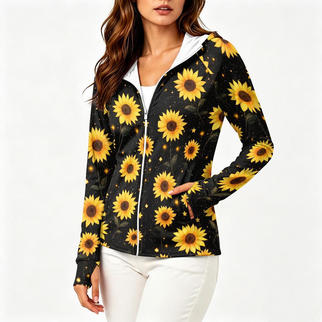 Sudadera con capucha ligera para mujer con cremallera, manga larga, capucha y bolsillos, estampado floral, ropa exterior con protección solar