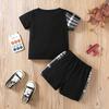 Boys Summer Outfit Letter Print Plaid Patch Round Neck T Shirt Shorts Two Piece Set Casual Style