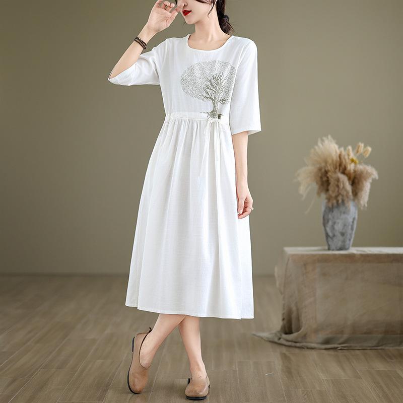 

Хлопковое и льняное платье женское летнее новое с круглым вырезом, вышивкой, средней длины, темпераментное, тонкое, льняное А-силуэтное M белый