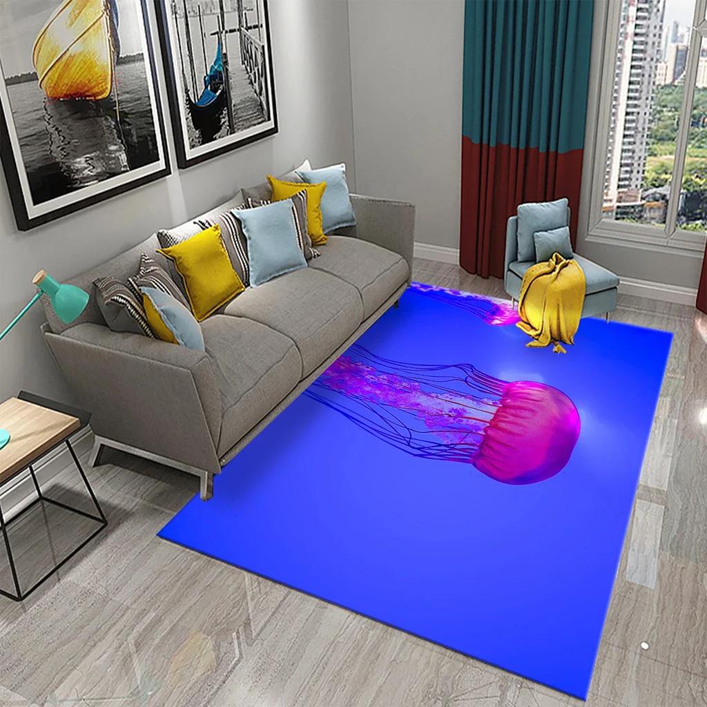 3D Jellyfish Pattern Carpet Marine Life Theme Rug for Bedroom Rug Living Room Bathroom Non-slip Mat Home Hotel Rug Kitchen Rugs