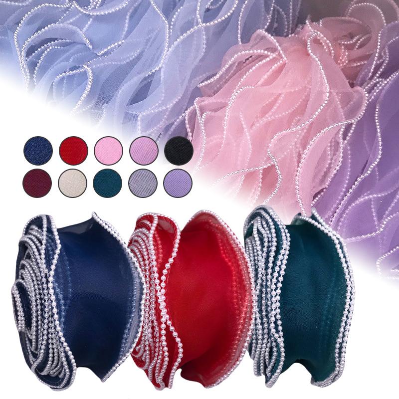 10 Yards Pearl Beads Wavy Edge Tulle Mesh Ribbon Trim DIY Clothing Dress Crafts Lace Fabric For Party Wedding Background Decor