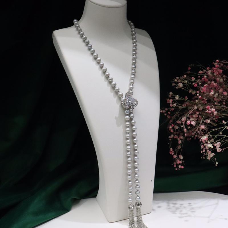 Elegant Women's Freshwater Pearl Sweater Necklace: 8-9mm Near Round Pearls with Slight Imperfections, Multiple Clasp Options