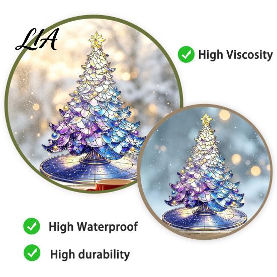 Gradient Blue Purple Tree Design Stained Glass Style Christmas Static Window Cling, Starry Sky Holiday Stickers Xmas Sticker, Reusable PVC Decor