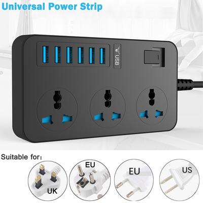 Multifunkční univerzální napájecí proužek 3 zásuvka 6 nabíjecích portů USB s 2M kabelem EU/UK/US zástrčka