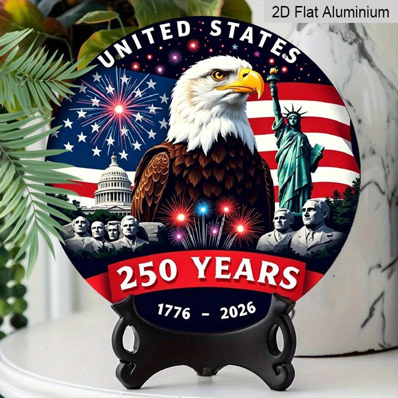 2D Flat, 1pc Circular Aluminum Decorative Plaque, Celebrating The 250Th Anniversary of America with a Patriotic Eagle & American Landmarks Design
