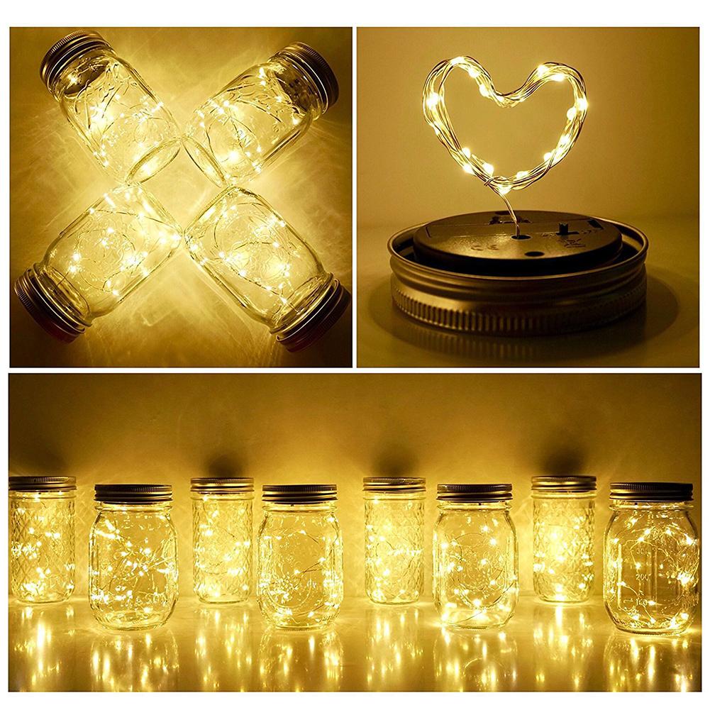 6pcs Solar Mason Jar Lid Lights 1m 2m LED Fairy Copper Wire Bottle String Hanging Lamp Garland for Wedding Party Decor