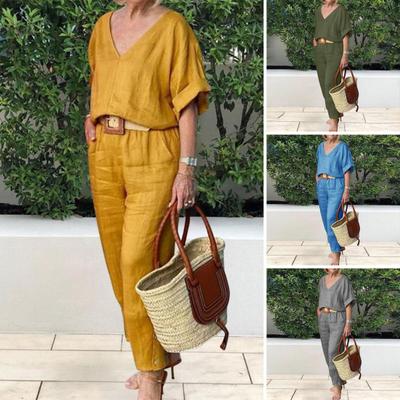 Ensemble T-shirt et pantalon pour femmes, couleur unie, col en V, taille élastique, demi-manches, doux, décontracté, taille haute, poches, 2 pièces/ensemble