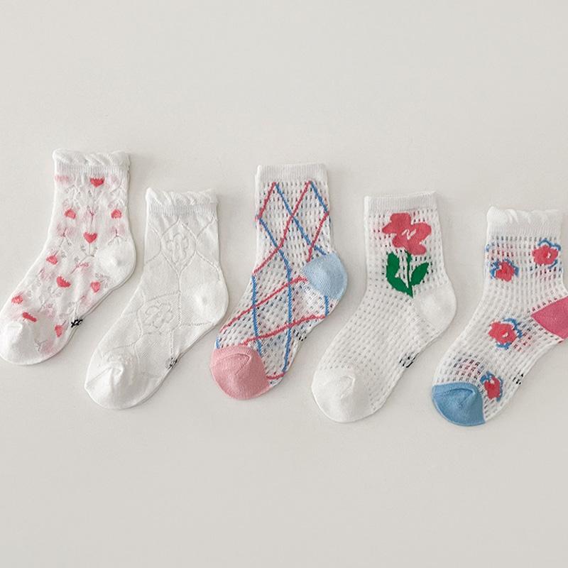 

5 пар летних сетчатых носков для девочки, носки с цветами, полые дышащие носки средней длины, цветочные принцессные детские хлопковые носки 0-8 лет 6-8Year