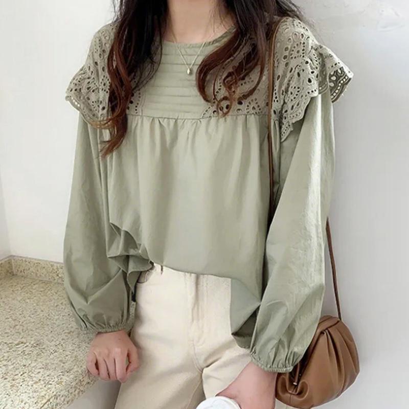 

ZANZEA Женская повседневная блузка с круглым вырезом, длинными рукавами, кружевной вставкой крючком 5XL зелёный