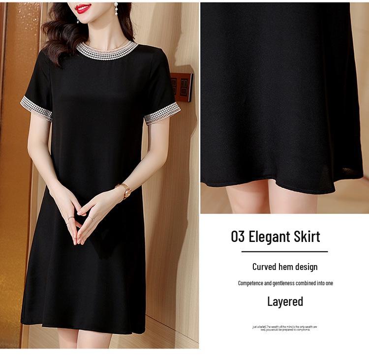Elegant Plus Size Silk Midi Dress – Short Sleeve Round Neck for Stylish Mothers
