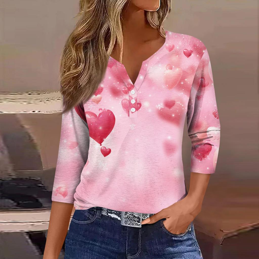 Damen Kragen Valentinstag Print Kurzarm T-Shirt Top