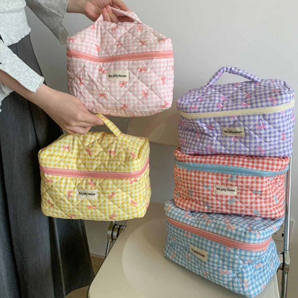 Korean Style Lattice Cosmetic Bag with Zipper Portable Makeup Bag Creative Cute Storage Bag  Women