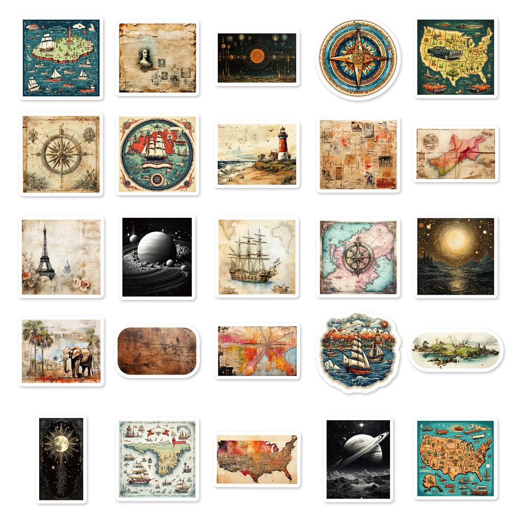 50PCS Artistic Retro Poster Style Map Stickers, Vintage Country Map Decals for Phone, Laptop & DIY Decoration