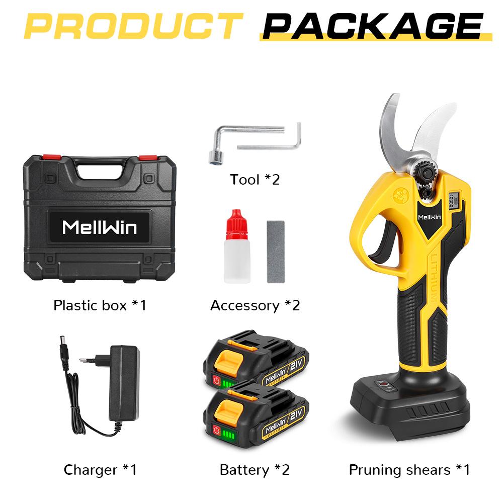 

MELLWIN 32 мм Безщіткові Електричні Ножиці для Фруктів, Бонсай, Гілок Дерев, Акумуляторний Садовий Секатор, Інструмент для Makita 18V Батарея Штифт 2 Battery