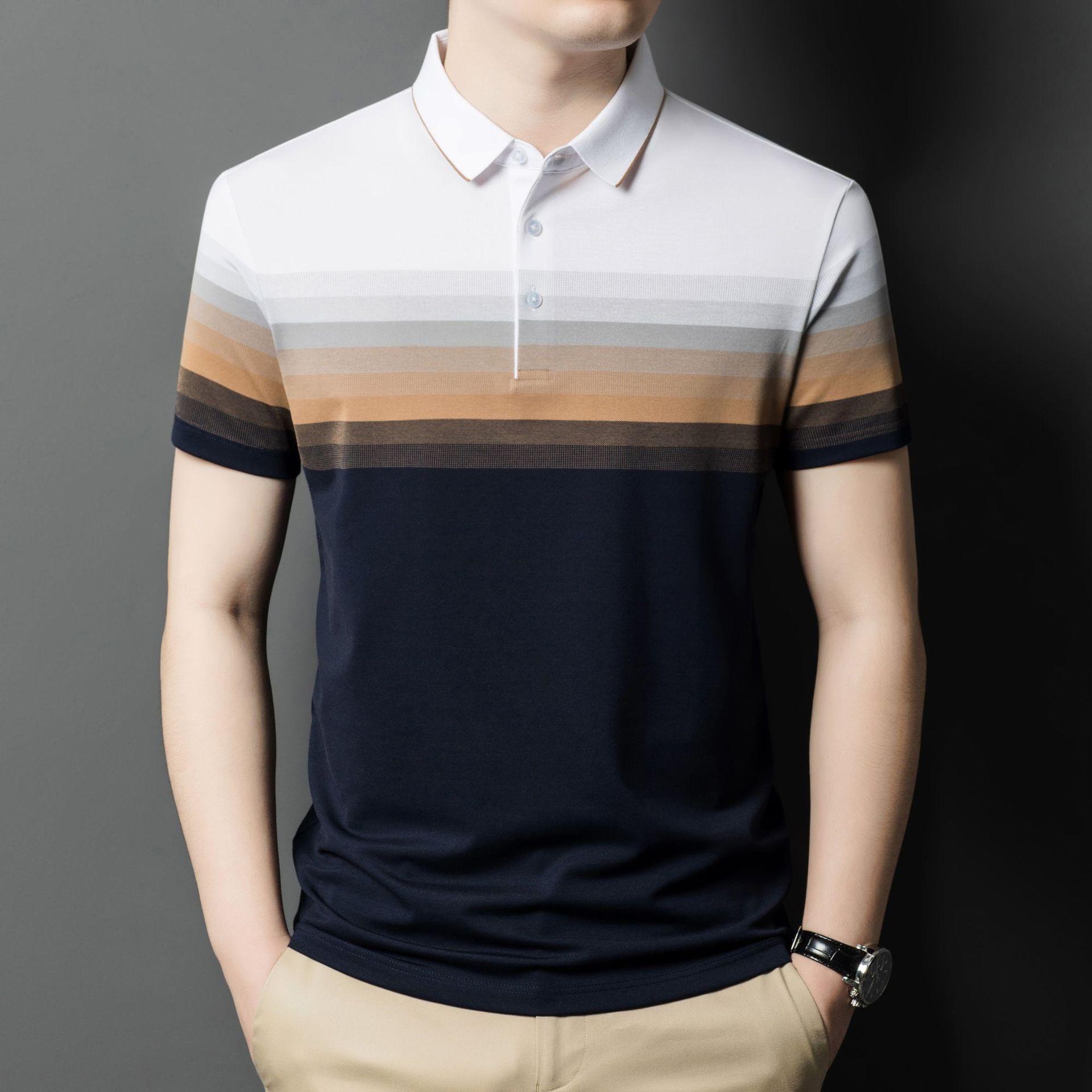 

Мерсеризованная хлопковая полосатая футболка с короткими рукавами, мужская летняя деловая повседневная рубашка-поло, свободная мужская одежда среднего возраста, модная футболка 4XL оранжевый