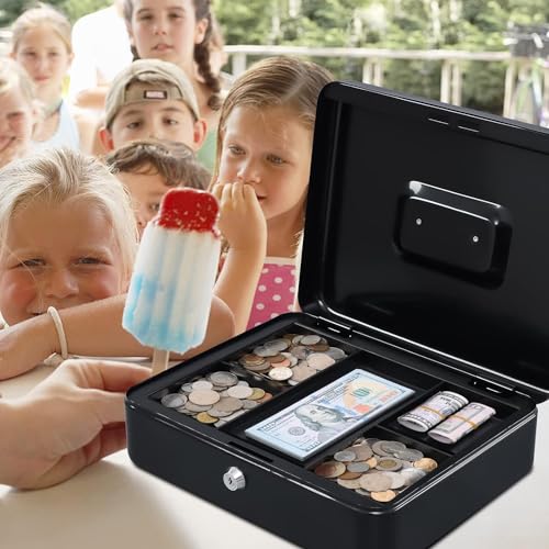 Beemyi Portable Cash Box, Small Cash Box for Home Use, Cashmate A5 Size, Accounting, Office Mini Safe, Piggy Bank, Steel, Home Security Box (Black, W2