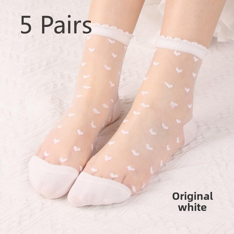 5 Pairs Socks Women Spring and Summer Thin Fashion Thin Crystal Silk Tube Women's Socks Cool Transparent Love Glass Stockings