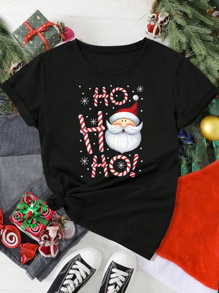 HO HO HO Christmas Hat Pattern Tshirt Loose Breathable Holiday Activities Shortsleeved Tshirt Unisex Women Unisex Casual Tops