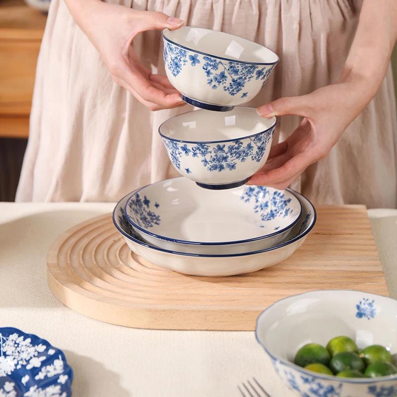 Chinese Ceramic Bowls Plates Retro Tableware Ramen Bowl Steak Dish Dessert Salad Plate Dinnerware Household Decor