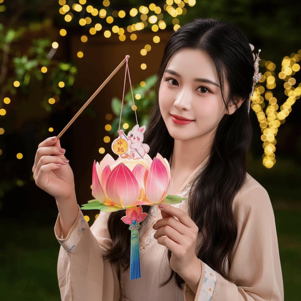 DIY Material Kit Luminous Lotus Lantern Portable Handmade Rabbit Lamp Cartoon Vintage Mid-Autumn Lantern Family Activity