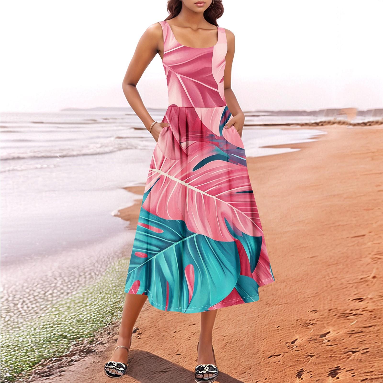 

Женский летний весенний повседневный цветочный сарафан без рукавов для пляжного отдыха струящиеся платья-майки миди в стиле бохо S розовый