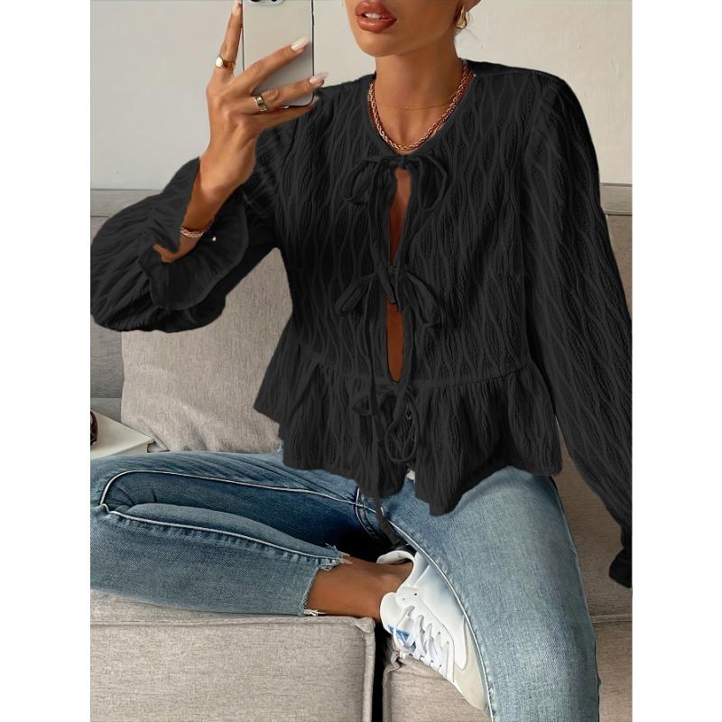 Women S Long Sleeve Lace Up Casual Solid Color Blouse
