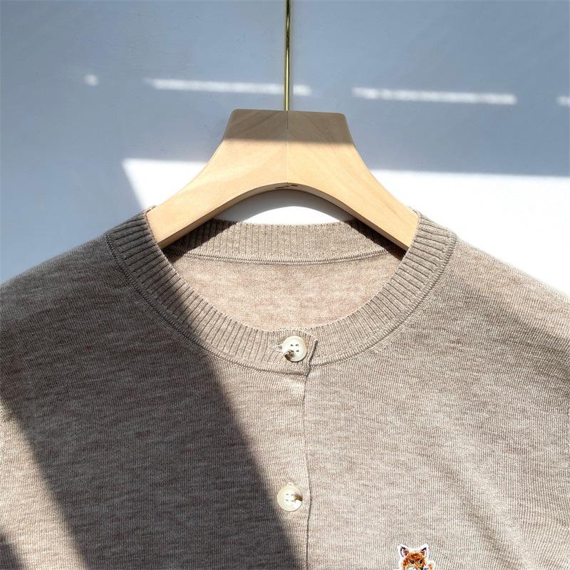 MK Brand Fox Embroidered Wool Cardigan - Single-Breasted, Round Neck Sweater for Autumn/Winter