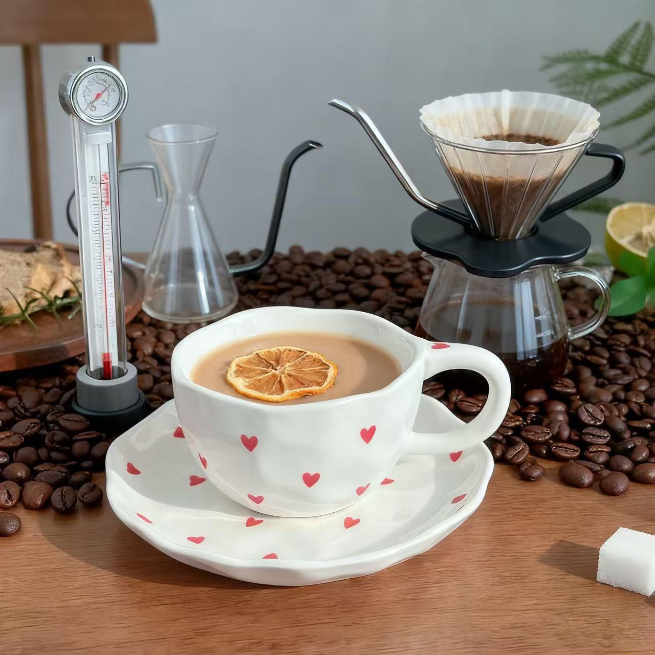 Underglaze color high value creative hand pinch love ceramic cup coffee cup saucer ins wind afternoon tea breakfast milk cup coffee cup saucer