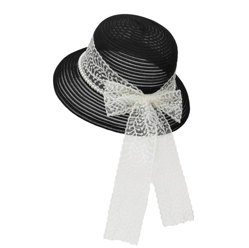 

French Hepburn Style Elegant Lace Bow Straw Hat Women S Summer Outing Sunshade Fisherman Hat Beach Sunscreen Basin Hat M（56-58cm） чорний