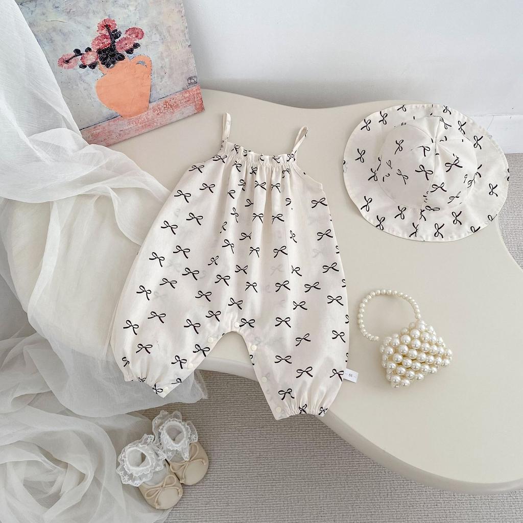 Summer Baby Girl Bow Tie Strap Romper With Hat Infant Outerwear Crawling Suit Versatile Bodysuit
