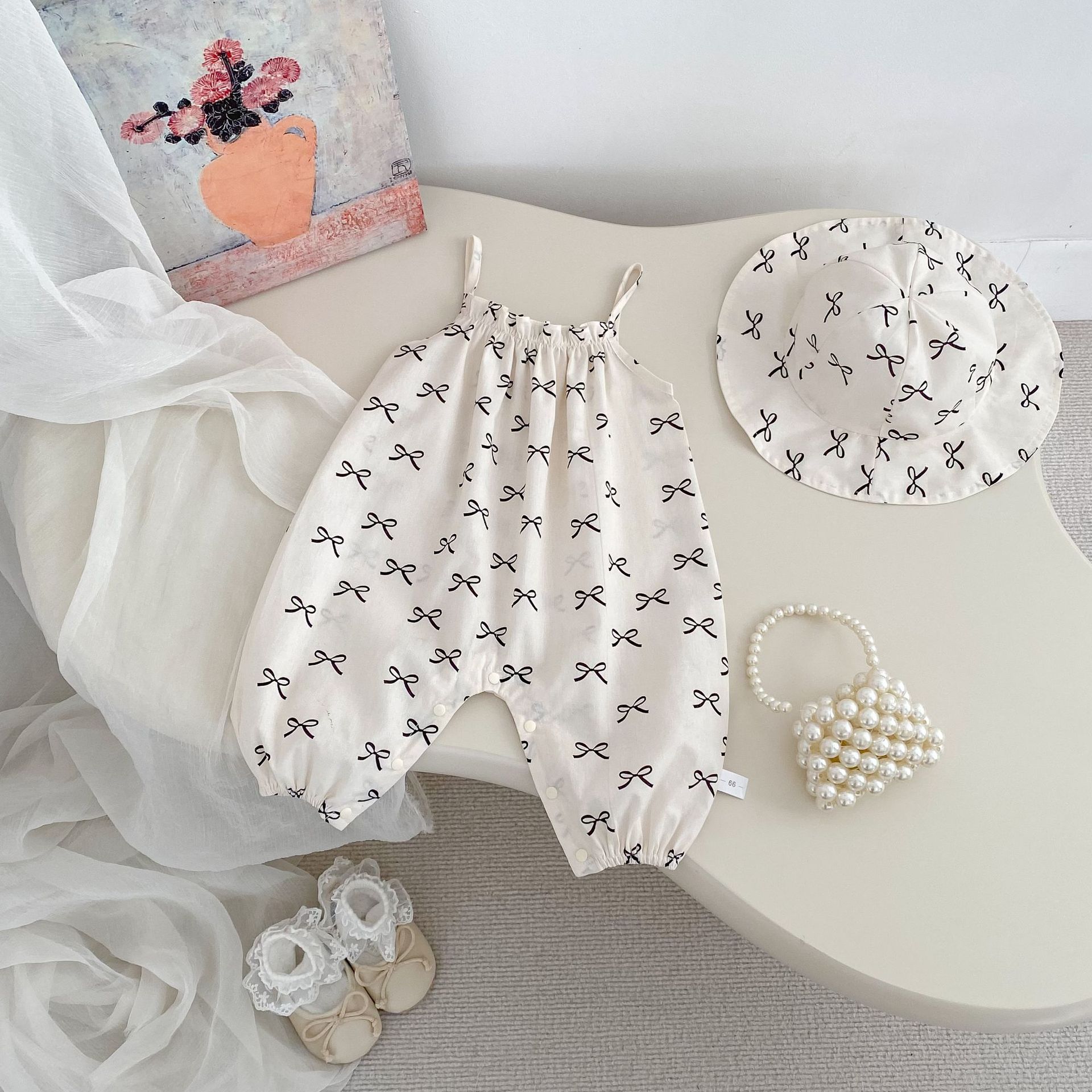Summer Baby Girl Bow Tie Strap Romper With Hat Infant Outerwear Crawling Suit Versatile Bodysuit 66