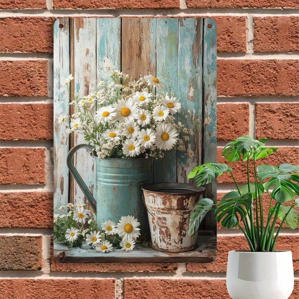 Vintage Daisy Bouquet Metal Tin Sign, Rustic Farmhouse Wall Decor for Home & Kitchen
