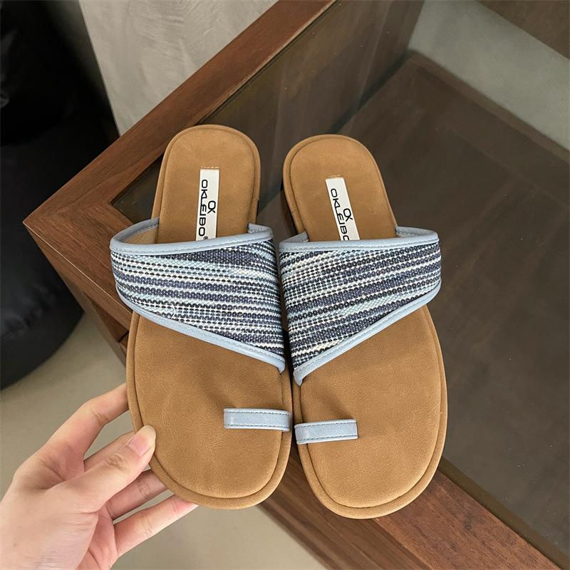 

French flats ethnic style slippers women s summer wear 2025 new bohemian casual beach shoes 40 синій