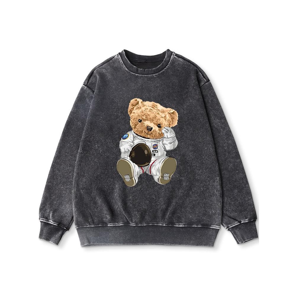 The Great Teddy Bear Astronaut Printing Female Washed Distressed Thin style Hoodie Simple Casual Sportswears