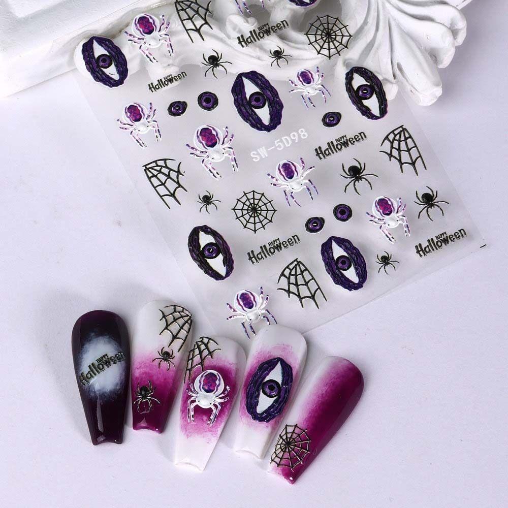 Spider Pattern Halloween Nail Stickers Dark Demon Eyes Halloween Nail Decals Embossed   Nail Salon
