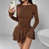 Women's Round Neck Long Sleeve Mini Dress Slim Fit Mid Waist Elegant Tiered Cake Dress