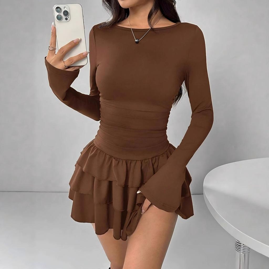 Women's Round Neck Long Sleeve Mini Dress Slim Fit Mid Waist Elegant Tiered Cake Dress