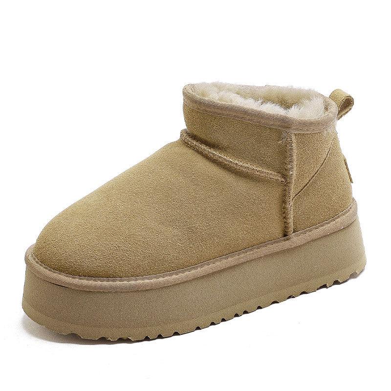 Winter New Short Snow Boots Women's Thick-soled Cowhide Wool Velvet Thermal Shoes Low-top Heightening Thickened Non-slip Sole