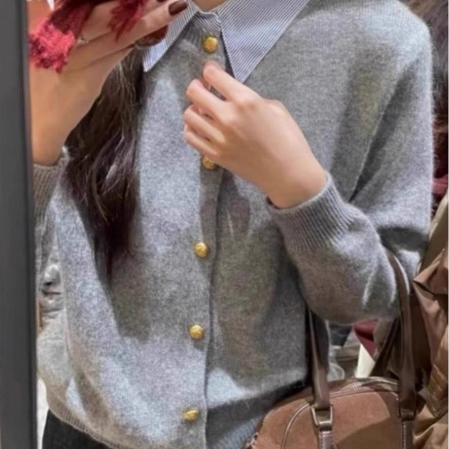 Gray Collared Two-Piece Style Knit Cardigan - Women's Petite Slim Fit Sweater for Spring and Autumn