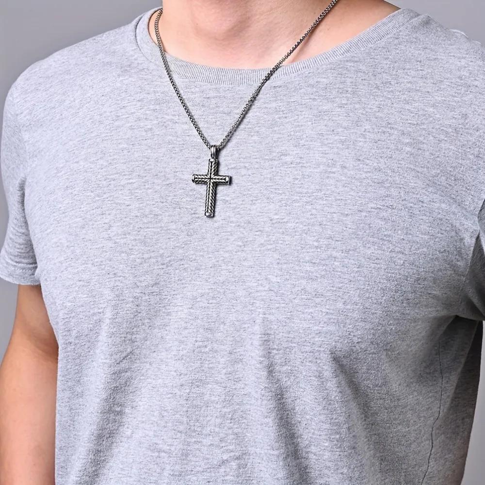 Funky Easter Stripe Cross Cool Pendant Necklace, Men's Trendy Stainless Steel Necklace Fashion Accessories