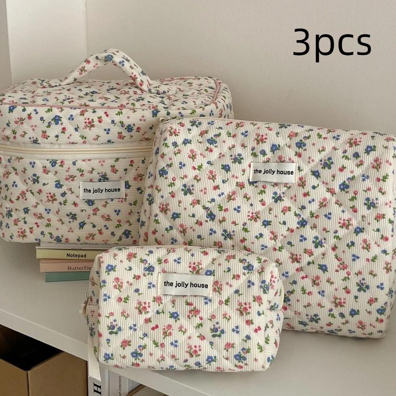 

3PCS Makeup Bags Clutch Octagonal Bag Full of Floral Print for Travel Multifunctional Storage Bag Velvet Refreshing and Sweet 3pcs