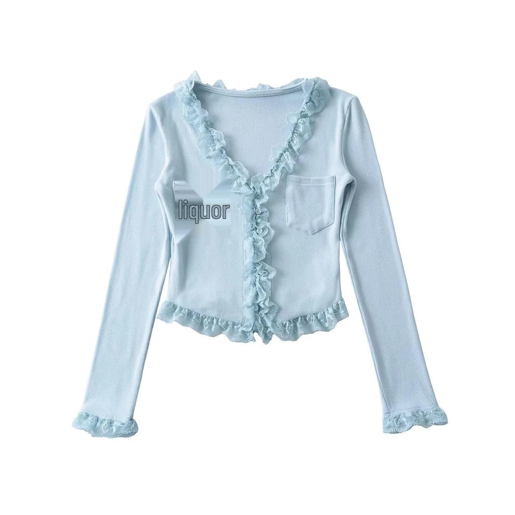 Sweet Lace Trim Patchwork V-Neck Women's Long Sleeve Slim Fit T-Shirt for Spring 2025