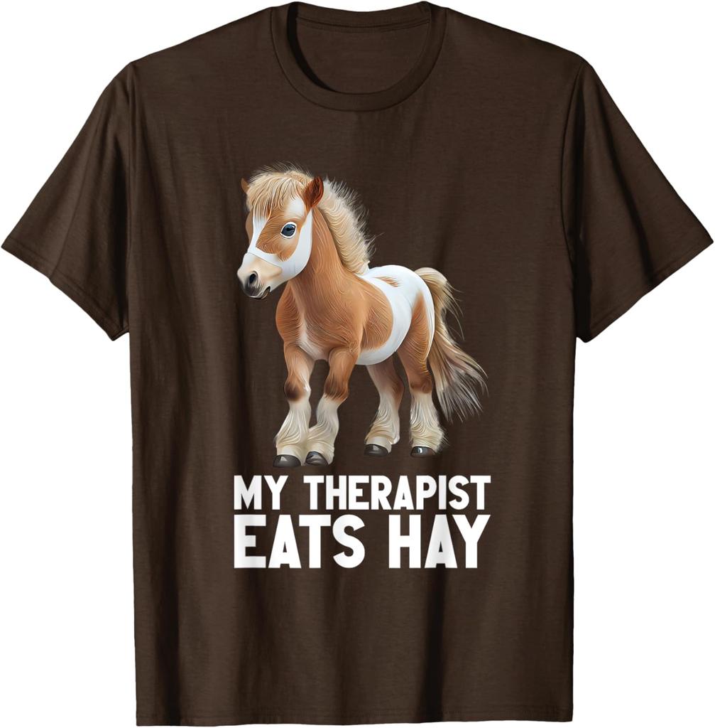 My Therapist Eats Hay Funny Cute Miniature Pony Horse Graphic T-Shirt Casual Short Sleeve Tee